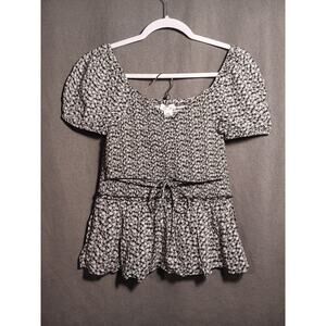 Japna XS Black White Floral Smocked Crop Top & Skirt Set 2‑Piece Short Sleeve